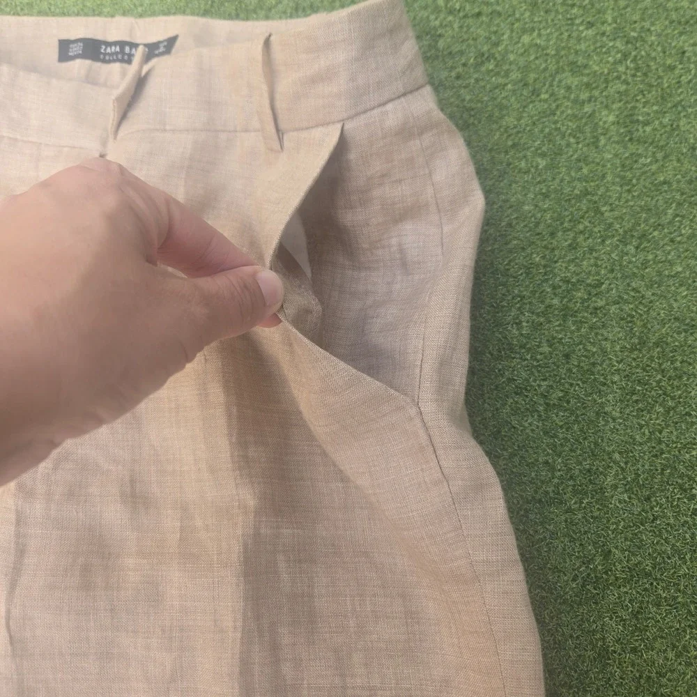Zara Basic Pants Women's Size 2 Khaki/tan 100% Linen